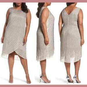 NWT Adrianna Papell‎ Beaded Wrap High/Low Dress in Platinum [PLUS SZ 22W ]